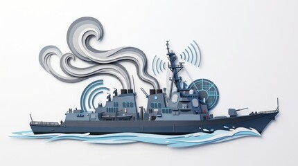 Naklejka premium Modern warship is depicted stylized design, showcasing advanced defense systems and communication technology. ship is surrounded by waves and dynamic elements, symbolizing its operational