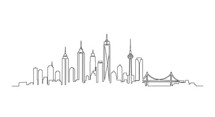Fototapeta premium Minimalist Cityscape Outline Drawing: Modern Skyscrapers and Bridge on White Background