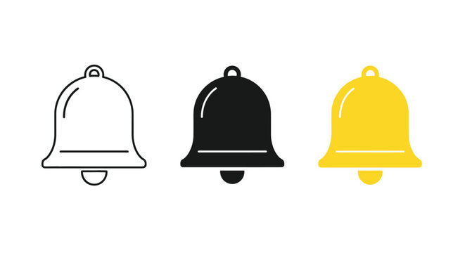 Three distinct styles of notification bell vector graphic icons showing line art solid black silhouette and vibrant yellow flat design for modern user interface software applications