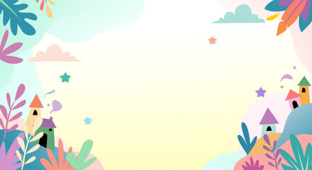Colorful whimsical vector background with cute fantasy houses, abstract plants, and pastel shapes. Playful and minimal design ideal for children themes, storytelling, and creative layouts. © Zaenal