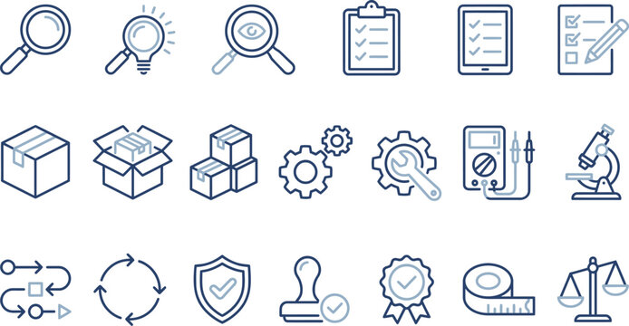 Various business and quality control icons for workflow, management, and analysis
