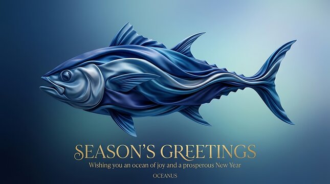 Season's Greetings Card with Elegant Blue Stylized Tuna Fish