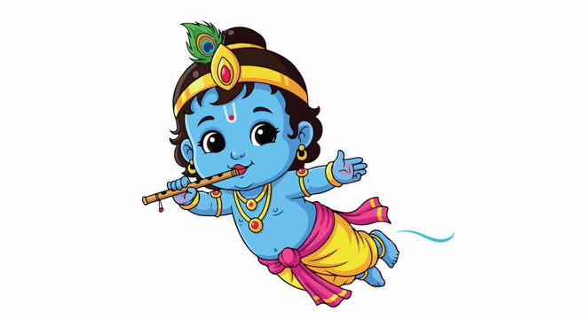 Playful cartoon baby Krishna with flute and peacock feather, bright blue skin in a yellow dhoti smiling joyfully