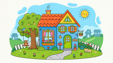 Fototapeta premium Charming blue house with a happy sun, swing set, and playful cat in a vibrant garden, perfect for children's illustrations and stories