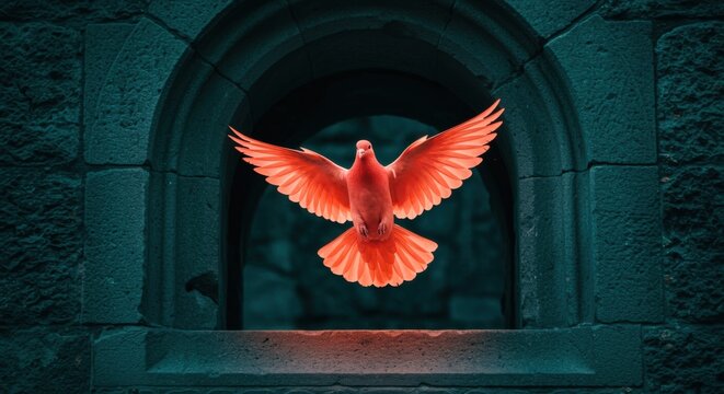 Coral pink dove flying through a dark teal stone archway for theological publication and inspirational cover art with a majestic dramatic mood and detailed feathers