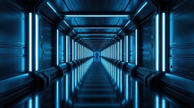 Empty futuristic corridor with blue neon lights glowing in a symmetrical 3d render spaceship.