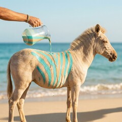 Naklejka premium Surreal Concept of Turquoise Paint Being Poured onto a Large Zebra on a Sunny Tropical Beach Setting for Creative Summer Advertising Campaigns and Posters
