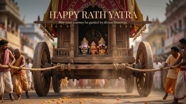 Massive wooden chariot pulled by devotees during the Rath Yatra festival in India with deities visible inside and floral decorations on a street setting