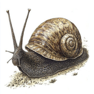 Realistic illustration of a land snail with a ribbed, spiral brown shell and detailed, textured grey body on sandy ground