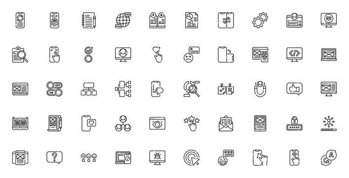 User Experience icon set. UX UI vector icons pack. Includes symbols for prototyping, research, testing, design, app, satisfaction, data and more. Editable stroke.