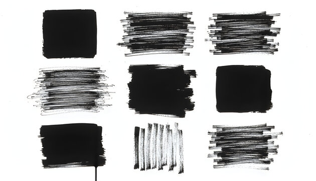 Black Marker Brush Strokes and Square Shapes on White Background