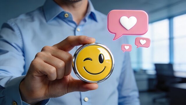 Man holding yellow smiley button with pink heart bubbles in officerepresenting customer satisfactionpositive feedbacksocial media likesuser approvalrating concept success