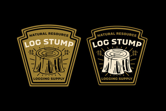 Tree stump retro badge logo design set for environmental. Wood stump vintage patch illustration pack for timber. Cut tree trunk stump rustic emblem element for industry. Log chopped sticker design