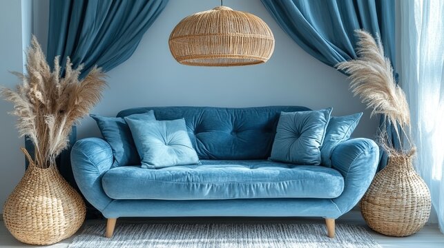 Vibrant Teal Velvet Sofa Set Against Boho Chic Blue Living Room Decor