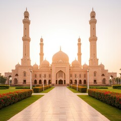 Fototapeta premium Majestic Grand Mosque with Tall Minarets and Central Dome Under a Warm Sunset Sky for Islamic Architecture Tourism and Sacred Spiritual Heritage Background
