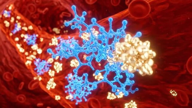 Insulin glucose hormone bloodstream blood vessel with red blood cell, molecular structure glycoprotein biochemistry, diabetes concept showing blood sugar regulation through blood artery medical