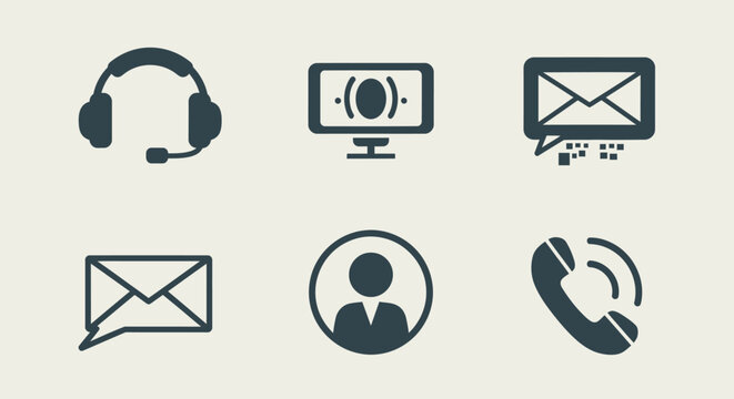 Modern flat vector icon set representing various methods of customer communication, online support, and business contact services, ideal for web and app design interfaces