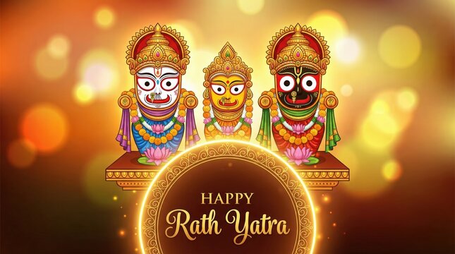 Three ornate deities with large eyes and colorful garlands are depicted in a festive with bokeh lights and a decorative border for Rath Yatra