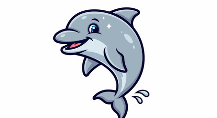Obraz premium Cartoon illustration of a smiling dolphin jumping out of the water with a playful and cheerful mood against a clean white background.