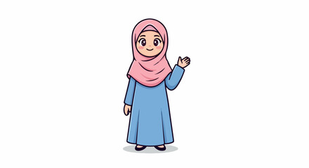 Naklejka premium Friendly cartoon illustration of a smiling Muslim woman wearing a pink hijab and blue dress waving hello to viewers