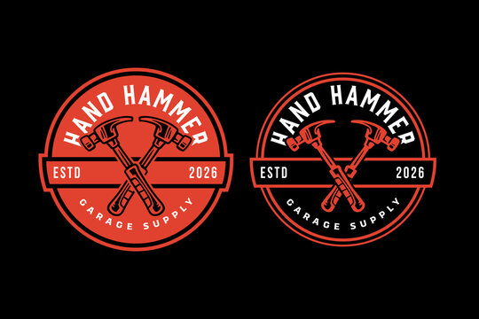 Claw hammer retro badge logo design set for construction. Hand hammer vintage patch illustration pack for carpentry. Striking tool rustic emblem element for construction. Helve hammer sticker design
