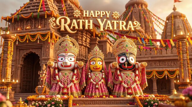 Vibrant Indian Rath Yatra festival celebration with deities Jagannath Balabhadra and Subhadra adorned in ornate attire before a grand temple structure