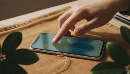 Fototapeta premium Person swiping smartphone screen on warm fabric background with natural lighting, intentional social media scrolling gesture for digital wellness and slow living imagery