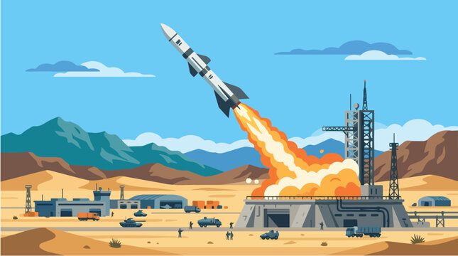 Flat vector illustration of a rocket launching from a desert spaceport with flames and smoke, surrounded by mountains, buildings, and a clear blue sky.