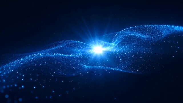 Glowing blue particle wave abstract digital landscape with light burst and flowing dot matrix conveying motion and energy glowing blue particle wave with bright central light, dynamic flowing energy