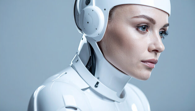 Female humanoid robot portrait in profile artificial intelligence and futuristic technology concept