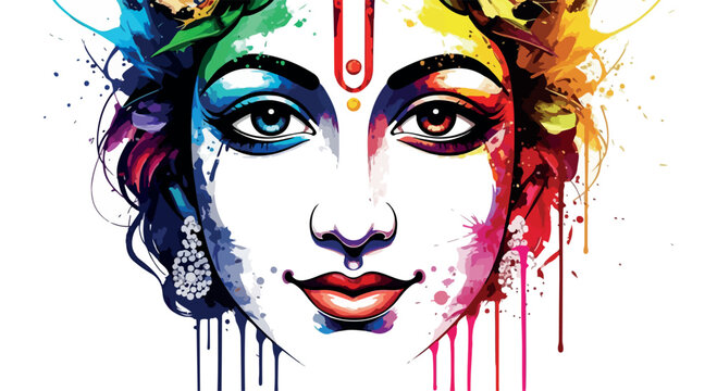 Colorful watercolor portrait of a goddess inspired woman with vibrant paint drips and a bold bindi on her forehead
