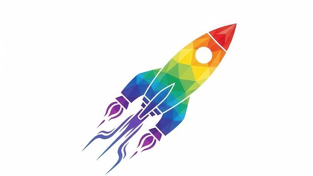 Dynamic low-poly rocket ascending with spectrum hues illustrating progress and colorful journey
