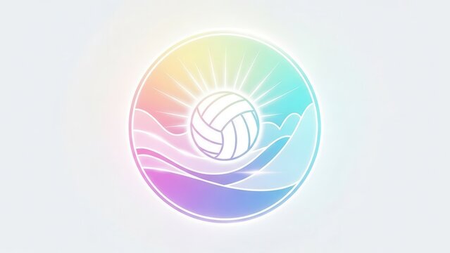 Vibrant volleyball emblem with radiating sun over colorful waves logo illustration