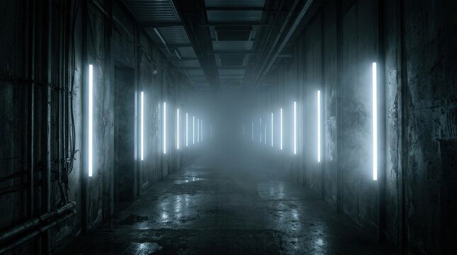 Empty futuristic corridor with blue neon lights glowing in a symmetrical 3d render spaceship.