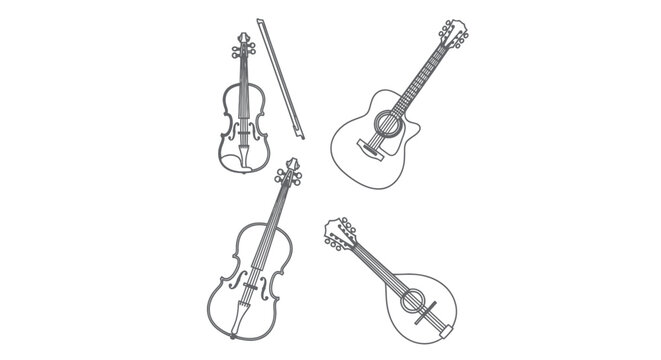 Acoustic guitar, violin, bow, and mandolin illustration on white background