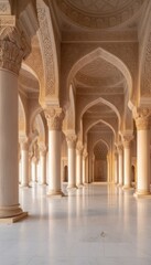 Fototapeta premium Grand Palace Interior with Marble Columns and Arched Hallway Featuring Intricate Geometric Carvings and Reflective Floors for Luxury Travel and Architecture Showcase