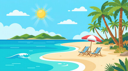 Obraz premium Tropical beach illustration. Sunny ocean, golden sand, palm trees, beach chairs under umbrella. Perfect for summer relaxation and vacation escape