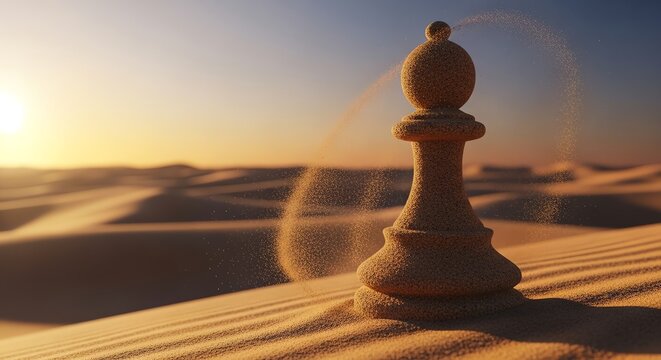 Chess pawn in desert landscape at sunset