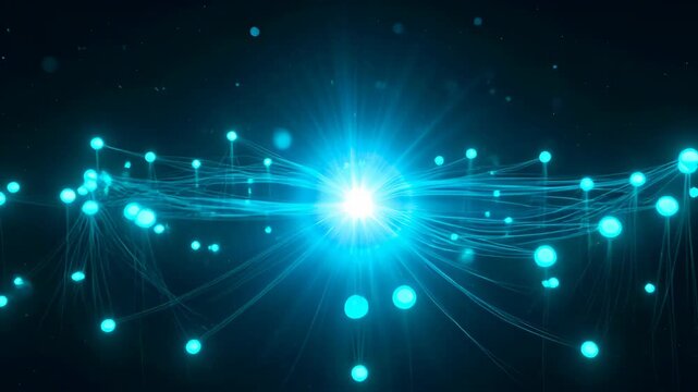 Bright blue glowing network node center with radiating light strands and connected points conveying digital connection data futuristic technology energy bright blue light burst with glowing particles