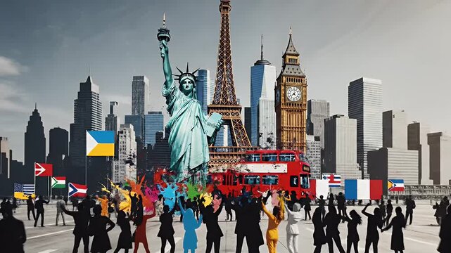 Vibrant Geometric Graffiti Collage Combining Eiffel Tower Statue of Liberty and Big Ben