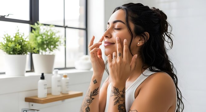Beautiful Young Woman Applying Skincare Product to Her Face with Eyes Closed, Enjoying a Relaxing Self-Care Beauty Routine