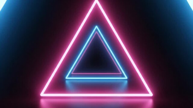 Glowing neon pink and blue nested triangles on a dark background with a reflective floor. Futuristic geometric abstract background with pink magenta and cyan blue light.