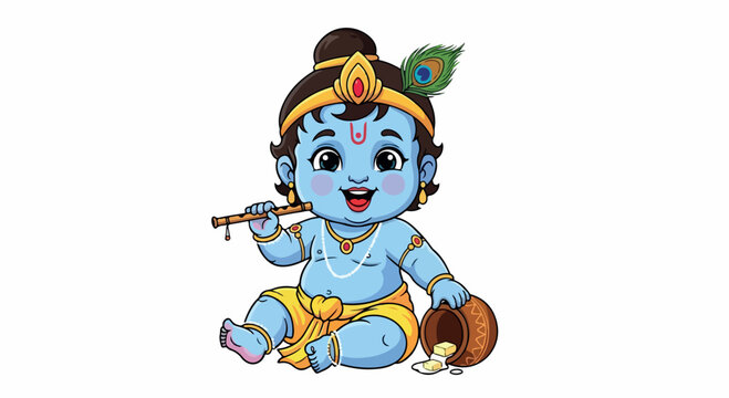 Playful baby Krishna with flute and peacock feather, blue skin in yellow dhoti beside butter pot in a sacred scene