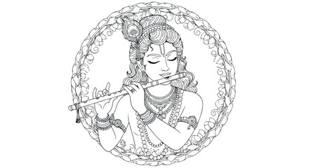 Fototapeta premium Line art depicts a serene female deity playing a flute inside a circular floral mandala, evoking a spiritual mood