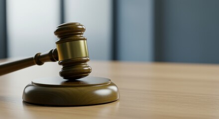 Fototapeta premium Wooden gavel on sound block resting on a polished office table for arbitration services and legal consulting, professional justice background with copy space