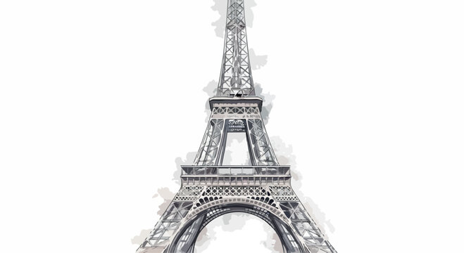 Low-angle view of the Eiffel Tower's iconic iron latticework structure against a white background.
