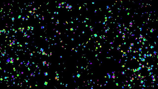 Colorful confetti blast explosion, party popper effect animation, realistic falling ribbons, celebration theme background, black screen compositing footage, festive particles motion design.4k