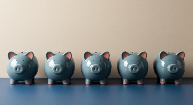 Five Blue Ceramic Piggy Banks Standing in a Row on a Surface for Financial Planning and Banking Advertisements with Large Neutral Copy Space Background