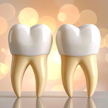 A close-up of two white and yellow teeth on a bokeh background