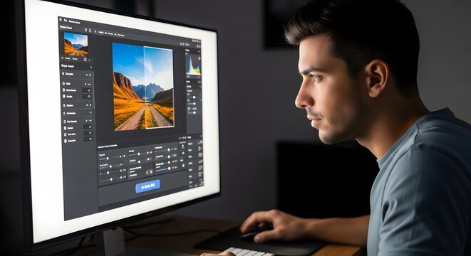 Young Man Focused on Photo Editing Software on Computer Monitor at Night
